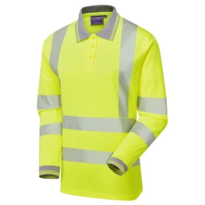 Ladies Jaya long sleeve hi-vis yellow birdeye polo shirt front view