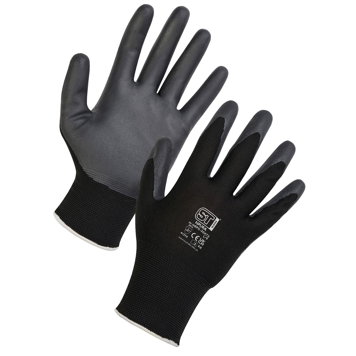 Black PU Work Gloves Black polyurethane coated work gloves with grey palm pair
