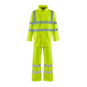 Yellow hi-vis two-piece suit with reflective bands, front view