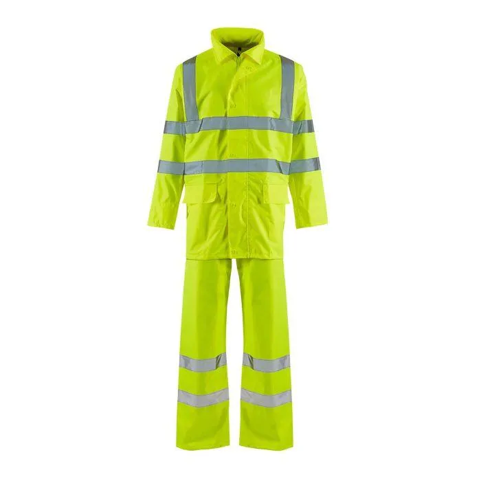 Hi-Vis Two-Piece Suit Yellow hi-vis two-piece suit with reflective bands, front view