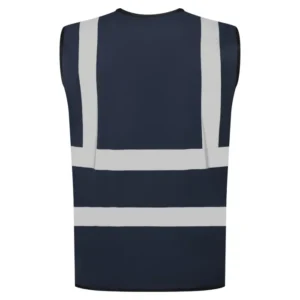 Supertouch navy hi-vis safety vest with reflective strips, back view