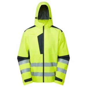 System eco yellow insulated hi-vis jacket with hood front view