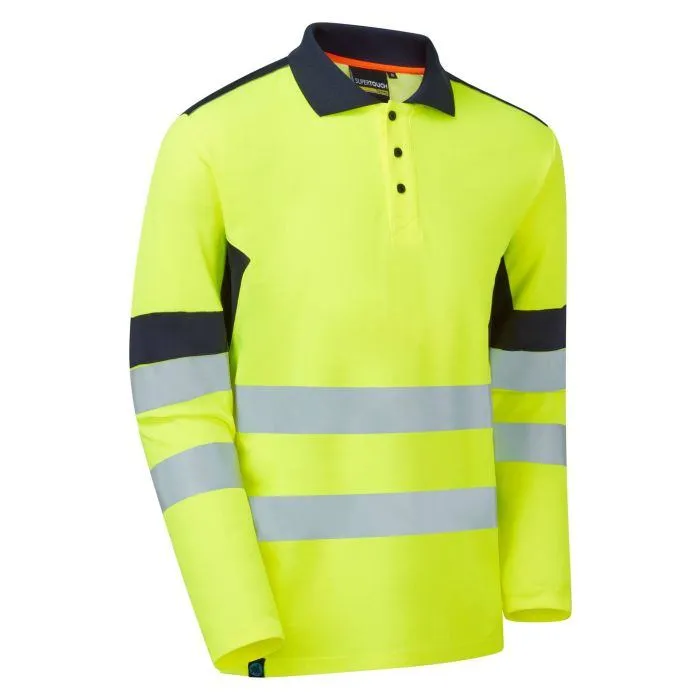 Hi-Vis Long Sleeve Polo System hi-vis eco CottonCool yellow long sleeve polo shirt front view