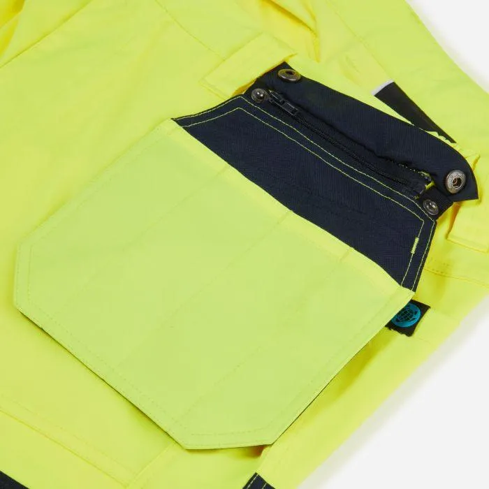 Hi-vis eco stretch yellow trousers open back holster pocket detail