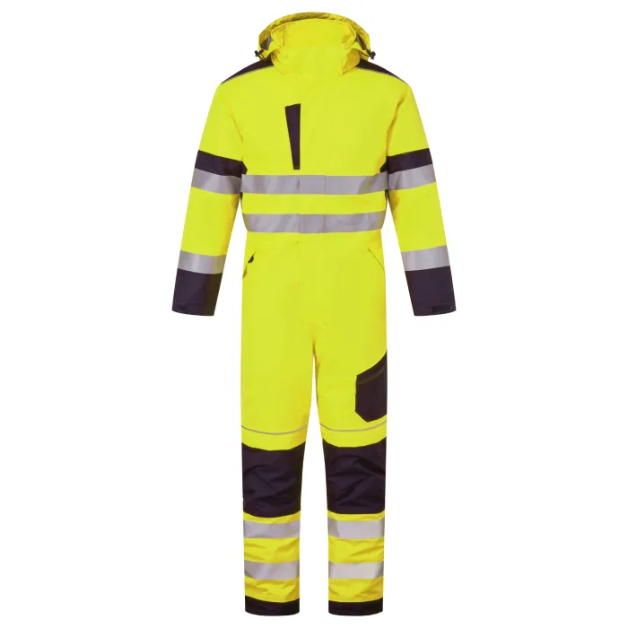 Hi-Vis Hooded Coverall System yellow navy hi-vis coverall with hood and reflective bands