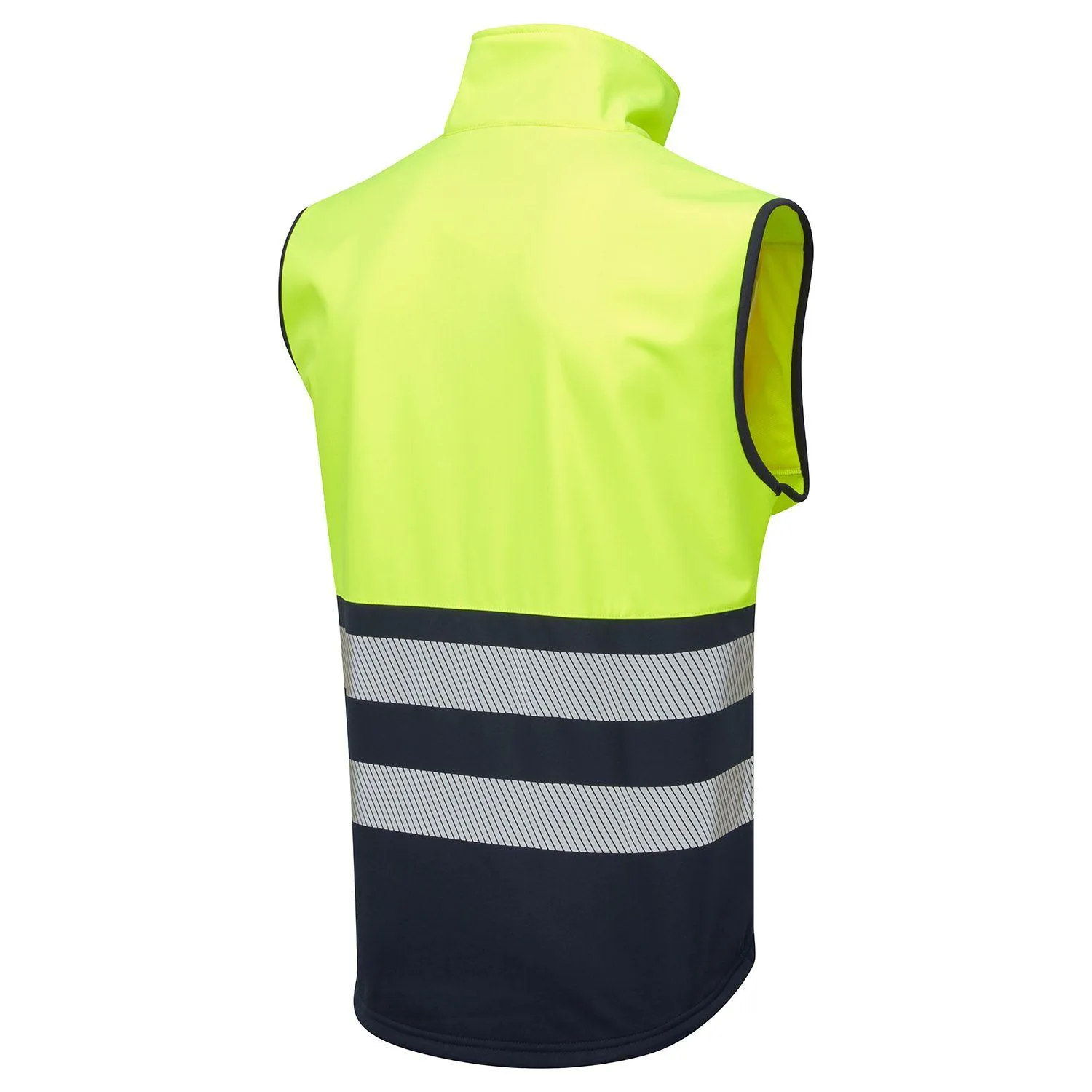 Hi-vis yellow CoolAir softshell gilet with reflective tape back view