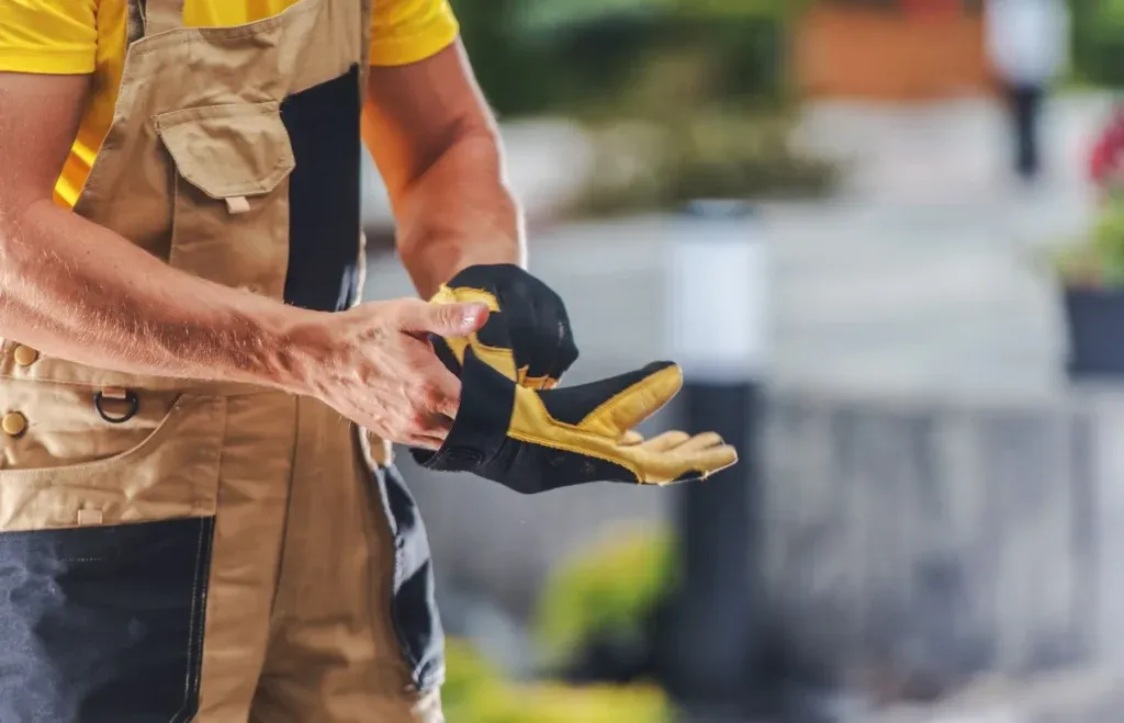 Construction worker putting on yellow safety gloves outdoors