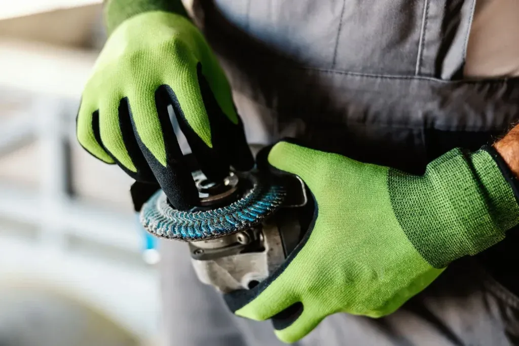 Hands in green gloves adjusting an angle grinder for work