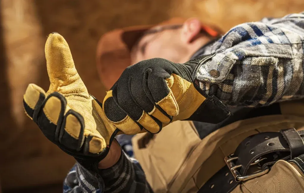 Construction worker putting on industrial gloves at building site