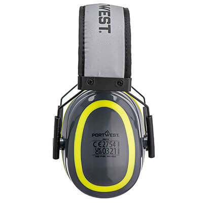 Portwest PW73 grey yellow headband ear muffs rear view