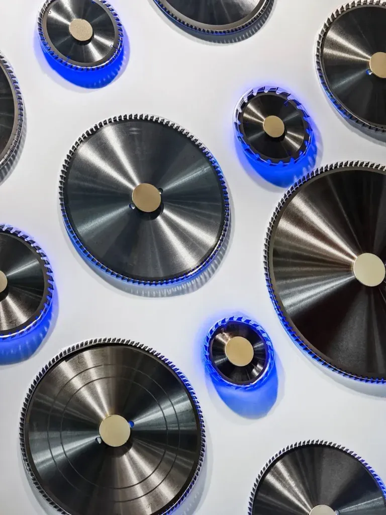 Multiple WH cutting discs with blue rims displayed on white surface